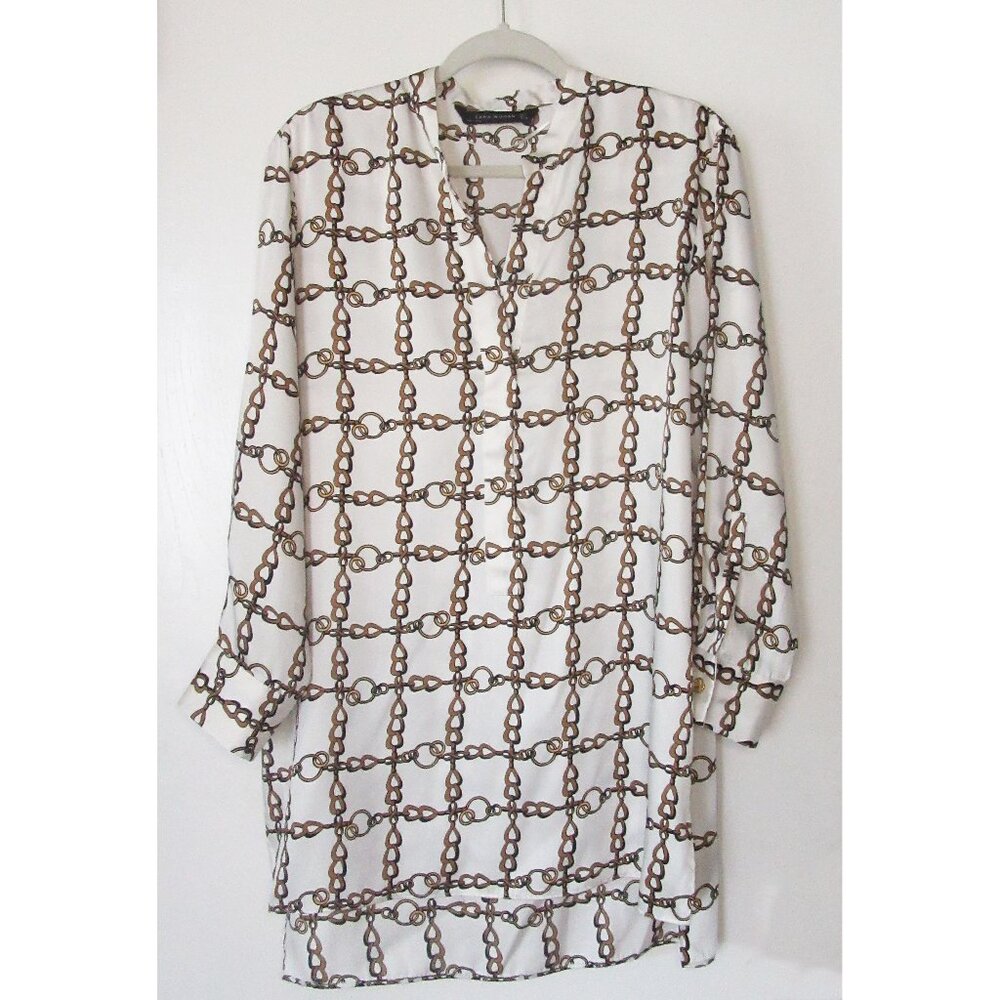 Shirt dress with V-neck and gold chain pattern by Zara, size M